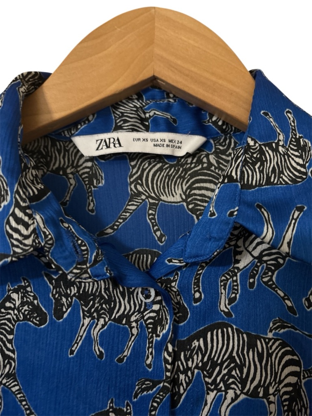 Zara Royal Blue Long Sleeve Button Down Top Shirt Zebra Prints Sz XS - Picture 11 of 12